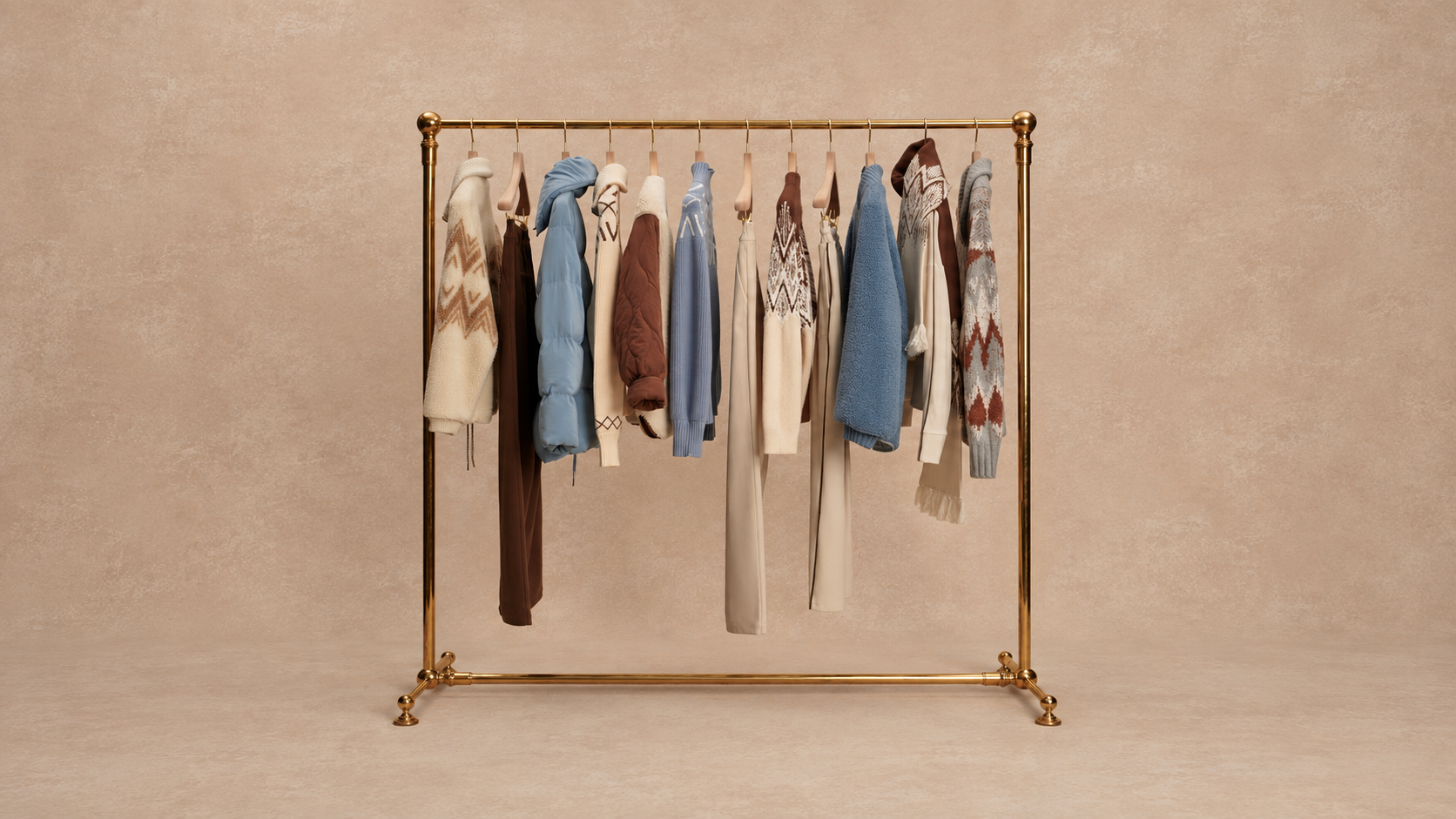 Illustrative sweaters and coats arranged on a clothing rail