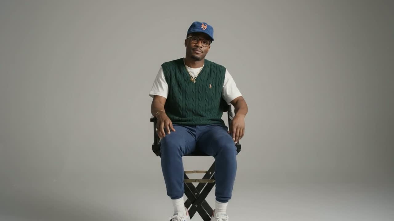 Still from a studio film featuring a man seated against a neutral backdrop