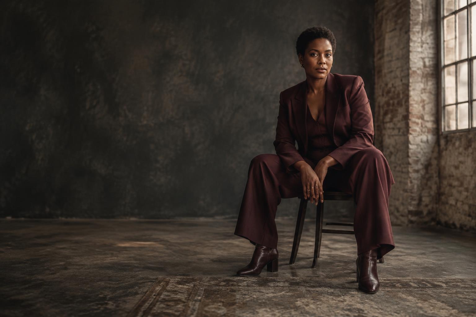 Seated portrait in a burgundy suit against a dark studio wall