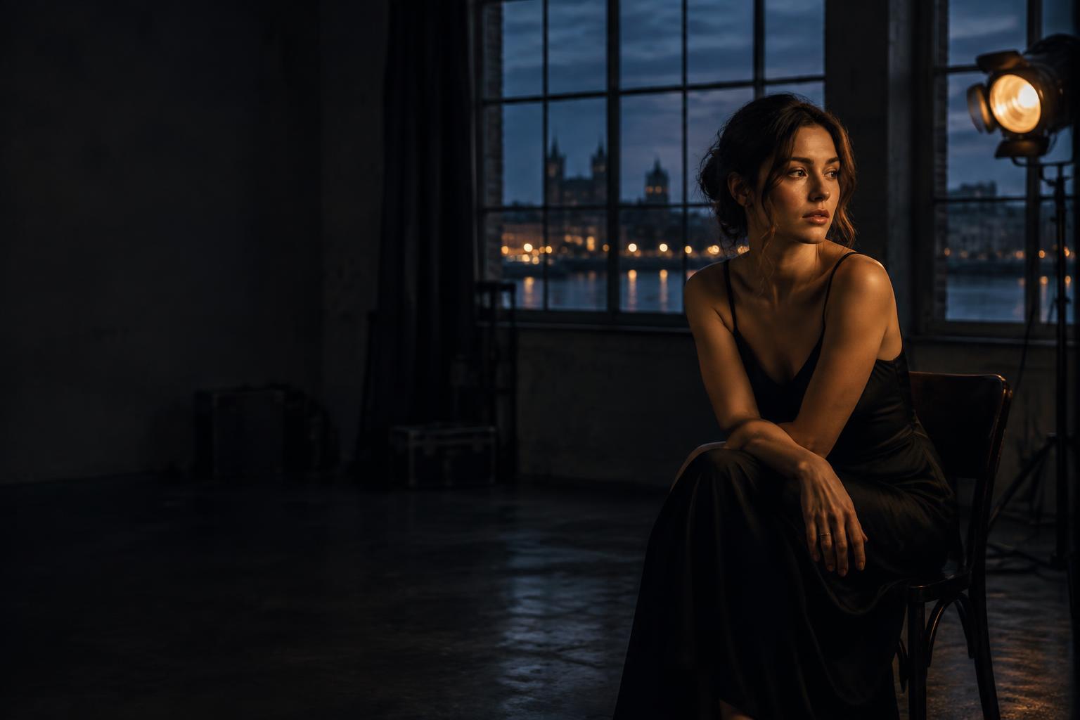 Woman in a black dress seated near a warm studio light and warehouse window at dusk