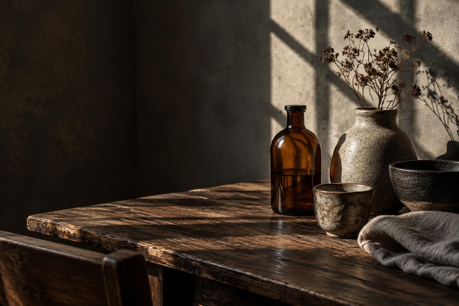 Still life of finished pieces on a wooden table