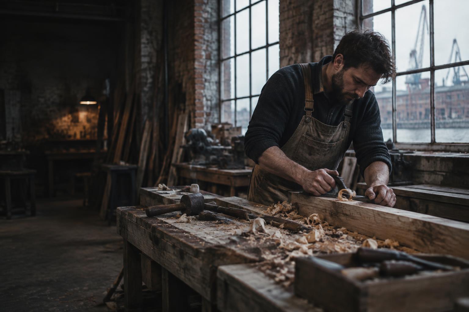 Woodworker in overalls shaping timber at a warehouse workbench