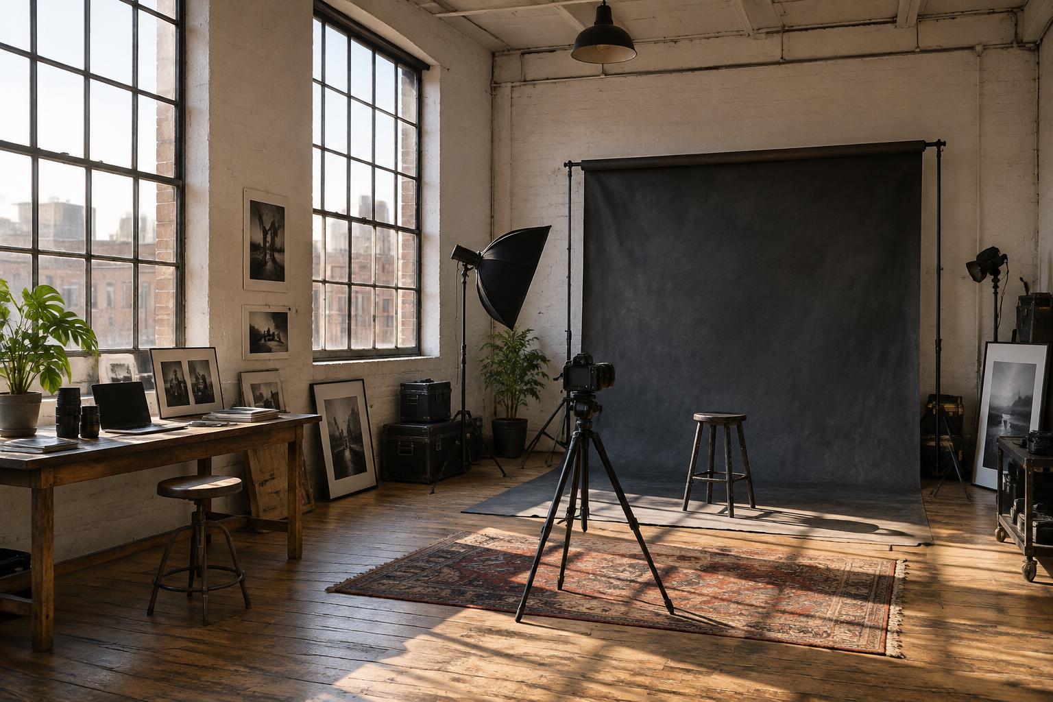 Illustrative working photography studio with a charcoal backdrop